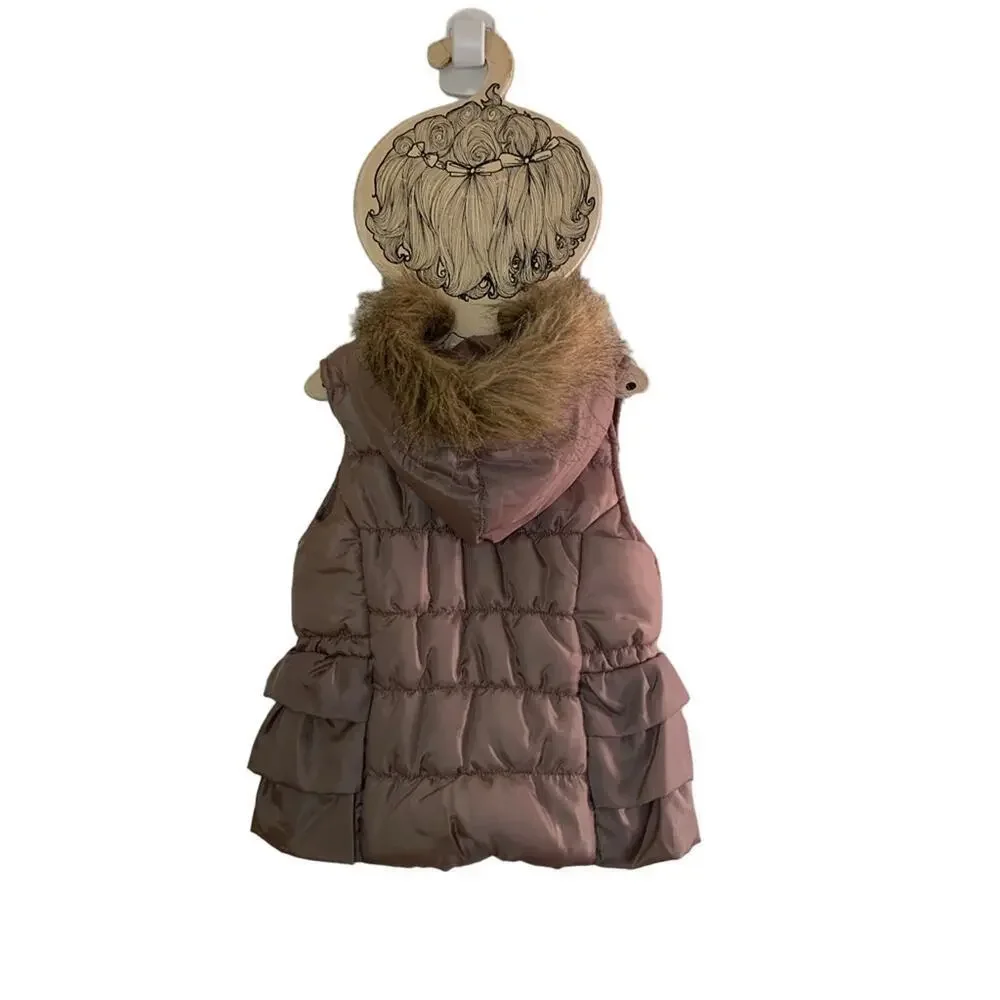 LITTLE LASS Girl’s Taupe Faux Fur Hooded Zip Up Vest / Size: 4